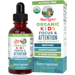 MaryRuth Organics Kids Focus Drops bottle promotes calm focus for kids