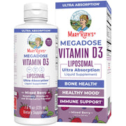 MaryRuth Megadose D3 Liposomal bottle closeup highlighting vegan, gluten-free benefits for immune support.