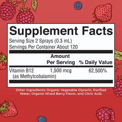 MaryRuth Organics B12 spray packaging highlighting USDA Organic and vegan credentials.