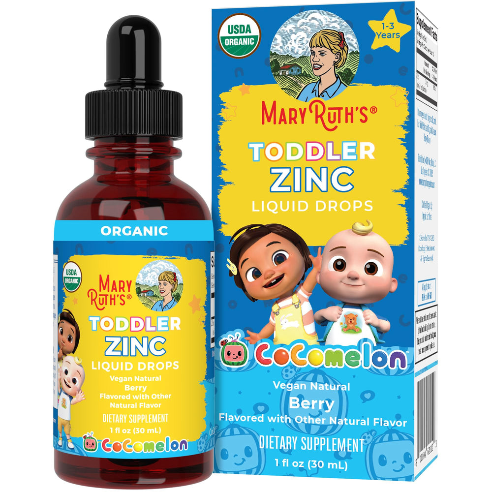 MaryRuth Organics CoComelon Toddler Zinc bottle pouring for daily immune support