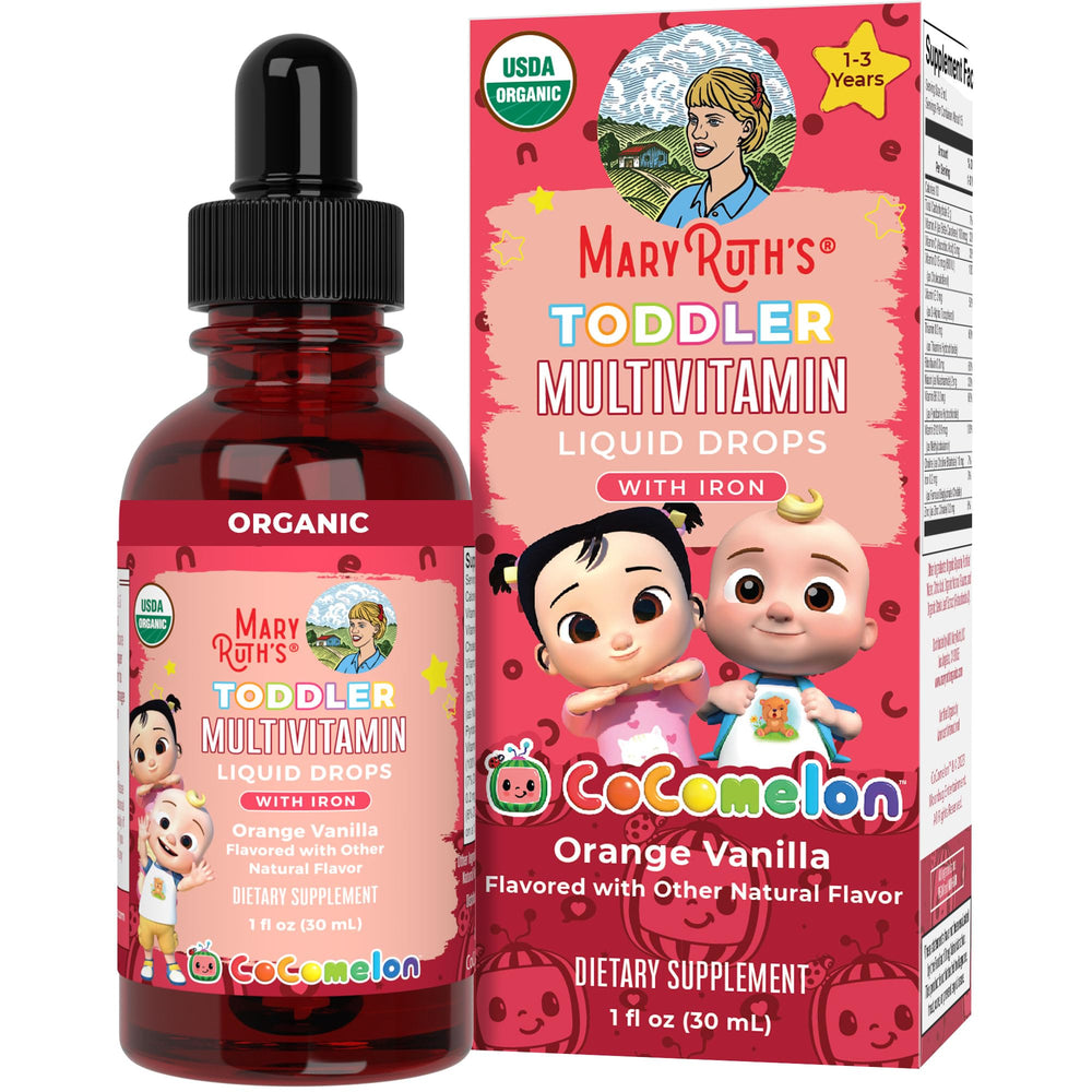 MaryRuth Organics CoComelon toddler multivitamin bottle with kid-friendly design and immune-support nutrients