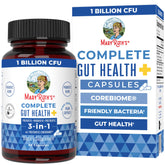 MaryRuth Organics Complete Gut Health+ bottle shows vegan capsules for daily gut support.
