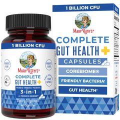 MaryRuth Organics Complete Gut Health+ bottle shows vegan capsules for daily gut support.