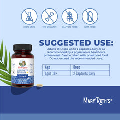Packaging layout for MaryRuth Complete Gut Health+ emphasizing vegan capsules.