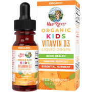 MaryRuth Organics D3 Kids orange bottle showing daily vitamin D3 drops for bone health support.