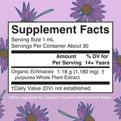 Pour-ready echinacea liquid drops shown for easy addition to water or juice.
