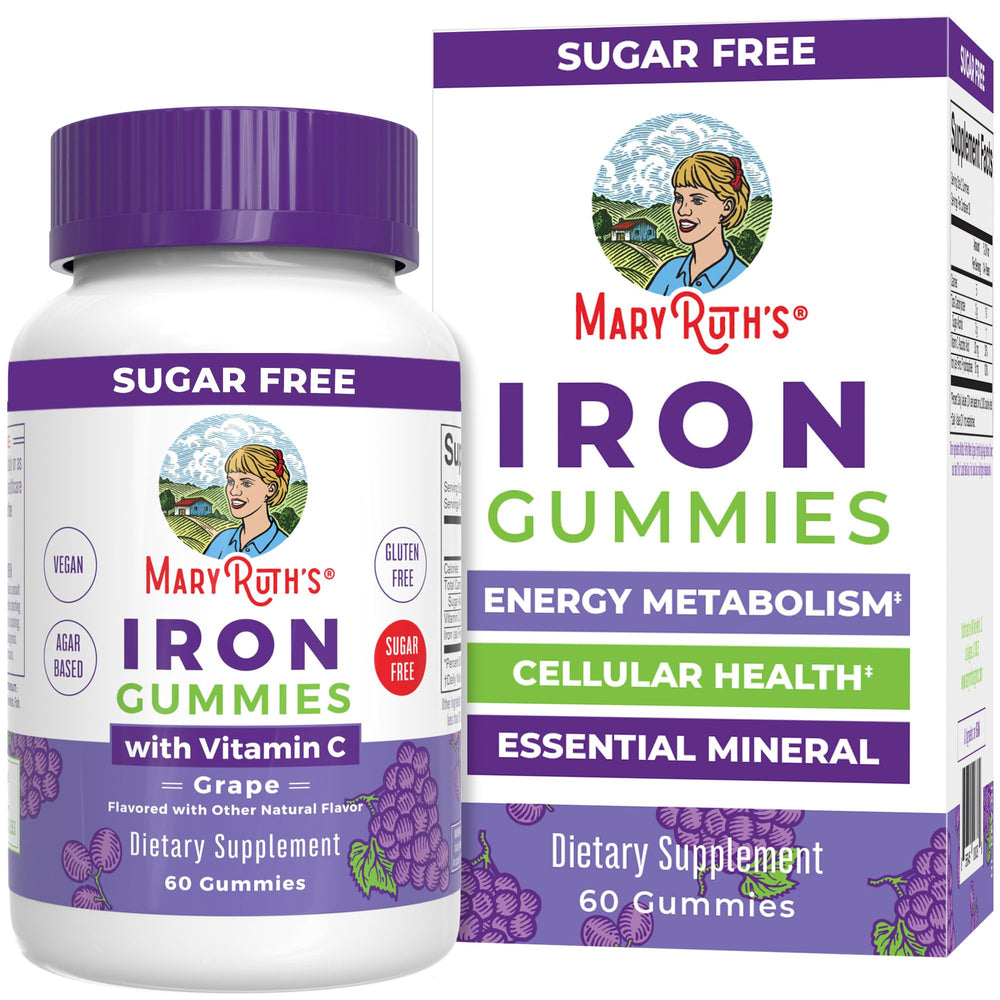 MaryRuth Organics Iron Gummies bottle front shows grape flavor and vegan formula