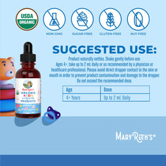 MaryRuth Organics Kids Probiotic Drops label highlighting organic vegan formula