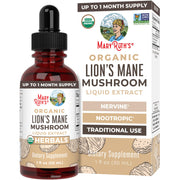 MaryRuth Organics Lions Mane bottle front shows brand and organic formula for brain support