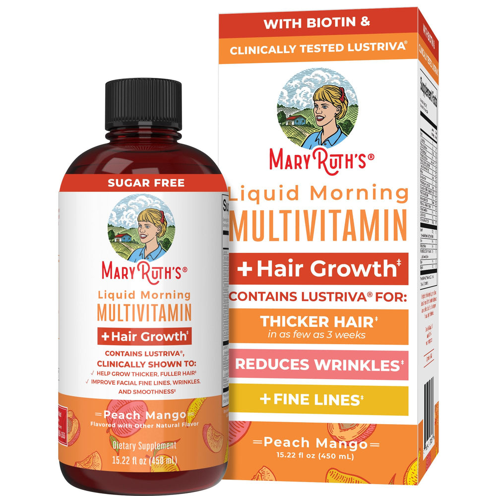MaryRuth Organics Liquid Multivitamin + Hair Growth bottle shown for daily wellness and hair support