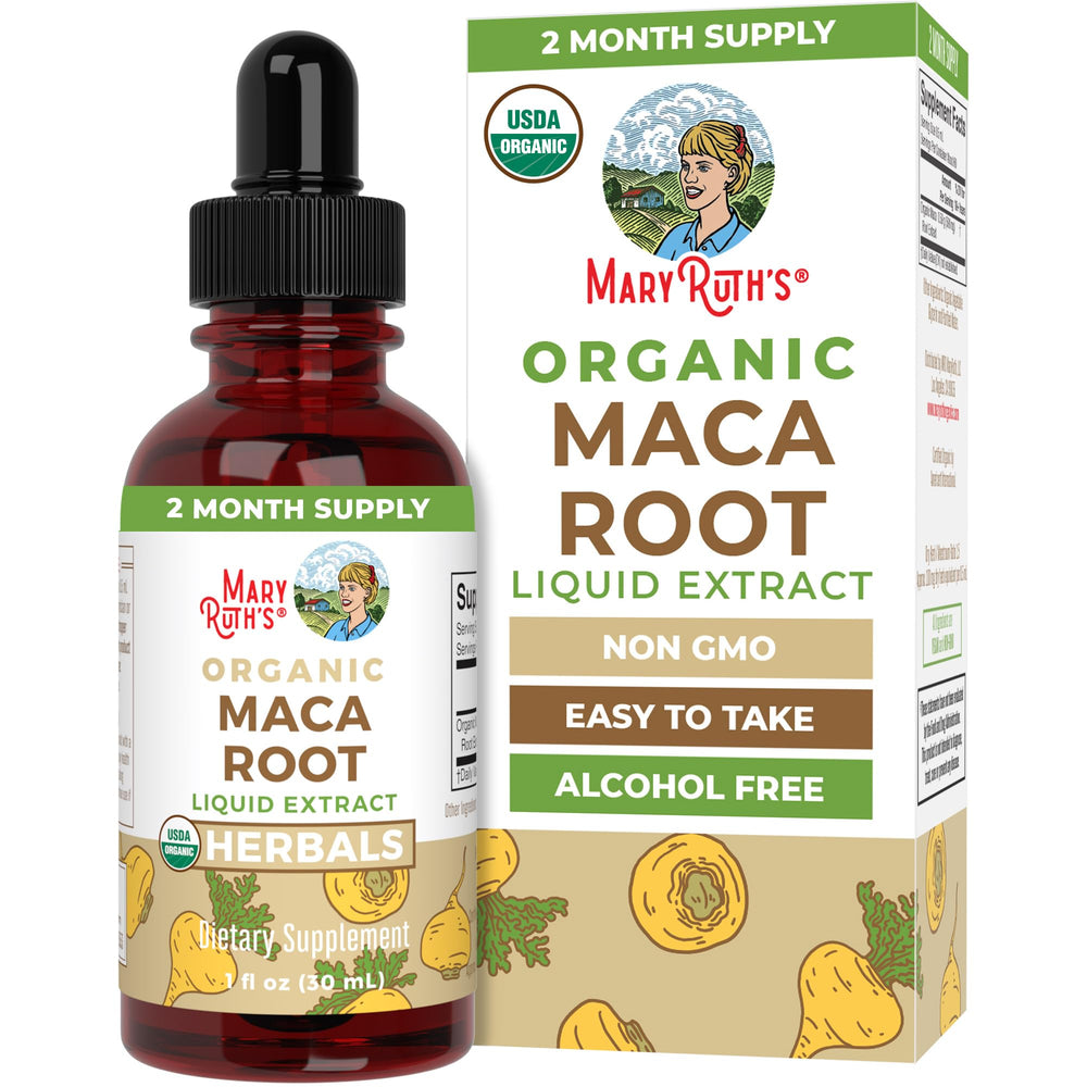 MaryRuth Organics Maca Root Drops bottle for daily vegan use.