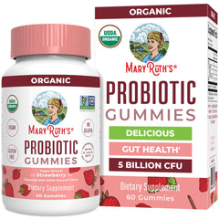 MaryRuth Organics probiotic gummies strawberry bottle shows convenient gut support on the go.