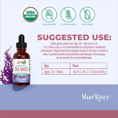 MaryRuth Organics sea moss drops show USDA Organic and vegan labeling.