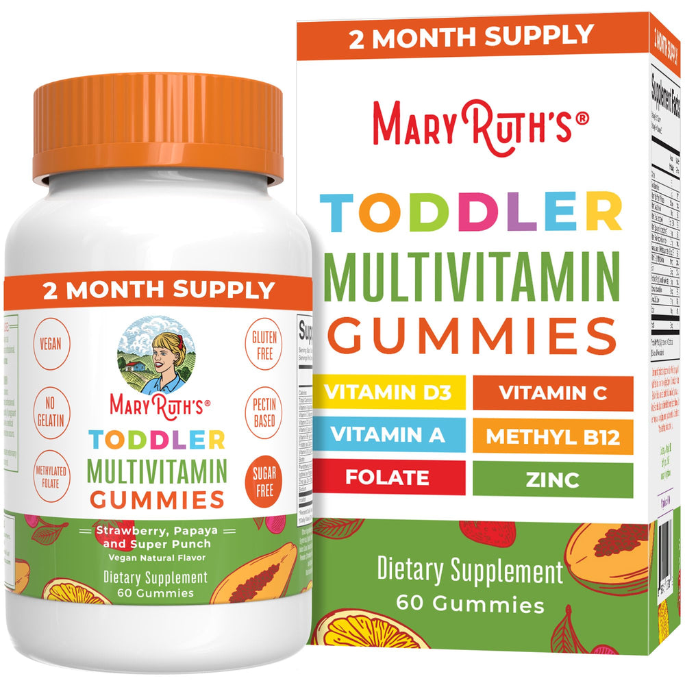 MaryRuth Organics sugar-free kids gummies bottle front, convenient daily multivitamin for toddlers