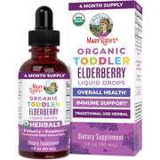 MaryRuth Organics toddler elderberry syrup bottle showing convenient liquid format for ages 1-3