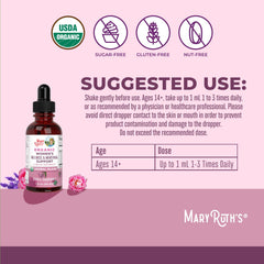 MaryRuth Organics label highlights organic, vegan, and Non-GMO certifications.