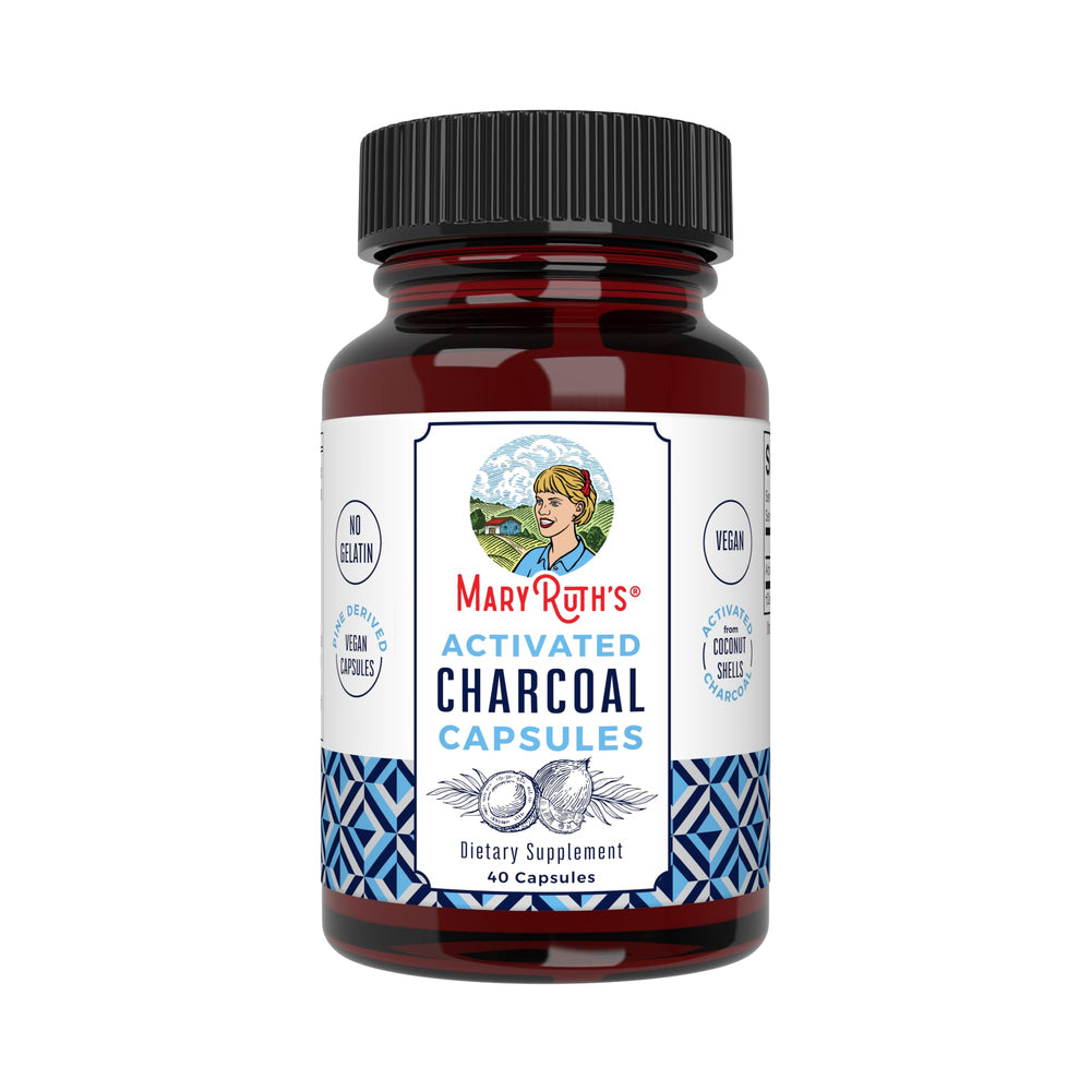 MaryRuth's carbón activado en botella, cápsulas veganas para uso ocasional y cómodo.