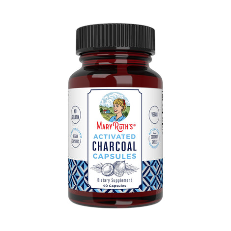 MaryRuth's carbón activado en botella, cápsulas veganas para uso ocasional y cómodo.