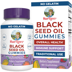 MaryRuth's Black Seed Oil Gummies bottle shows mango-strawberry-peach flavor for daily immune-friendly support.