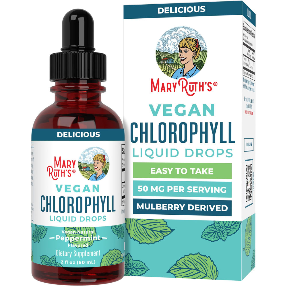 MaryRuth's Chlorophyll Drops bottle shown with mint flavor for easy daily use