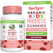 MaryRuth's Kids Probiotics bottle highlights digestive health support for daily use.