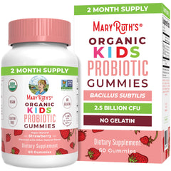 MaryRuth's Kids Probiotics bottle highlights digestive health support for daily use.