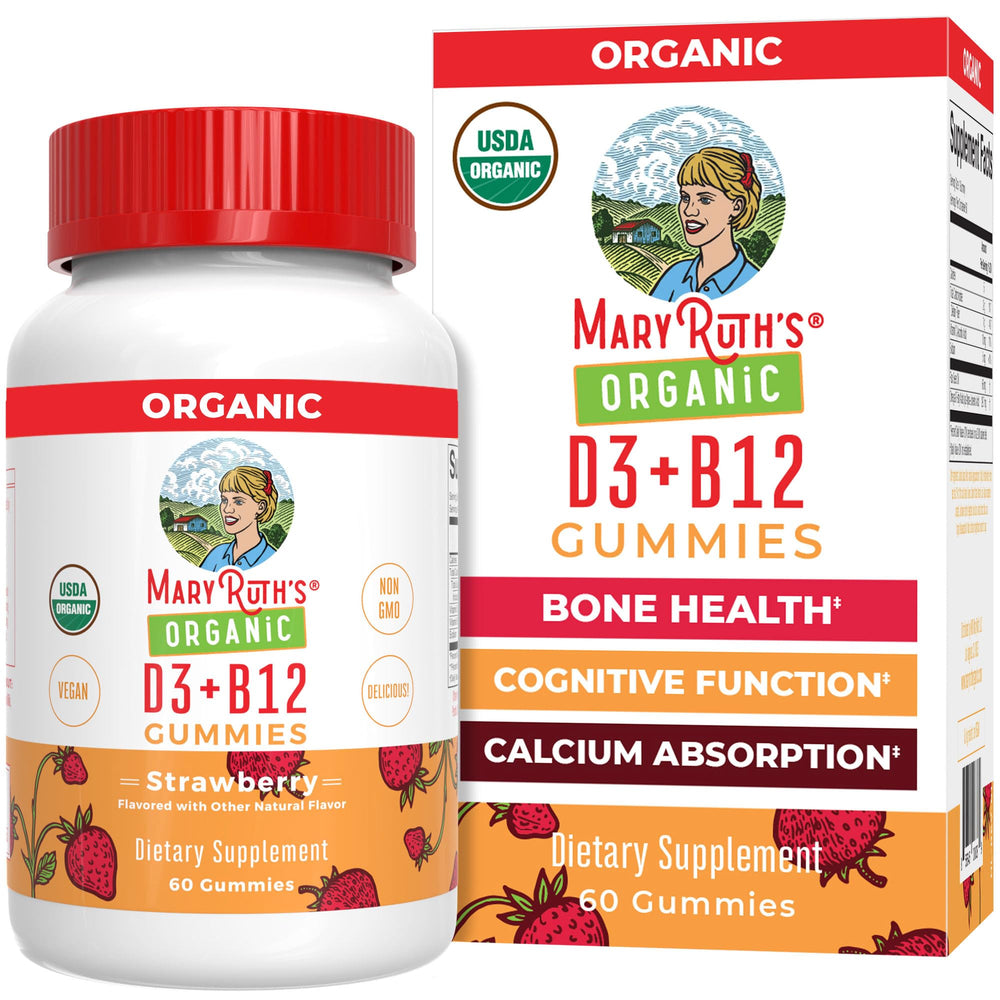 MaryRuth's D3+B12 gummies bottle front for daily supplementation.