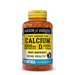 Mason Natural calcium with vitamin D3 softgels on bottle, supporting bone health and immune function.