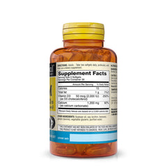 Close-up of Mason Natural calcium-D3 softgels showing dosage and easy-to-swallow form.