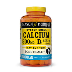 Mason Natural Calcium 500 mg oyster shell bottle supports daily bone health.