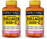 Mason Natural collagen 1500mg bottle label highlights collagen for hair, skin, and nails.