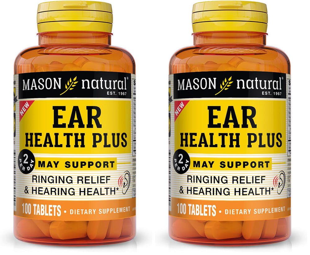 Mason Natural Ear Health Plus bottle front, daily support for normal ear function.