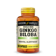 Mason Natural Ginkgo Biloba capsules close-up; potential memory and focus support