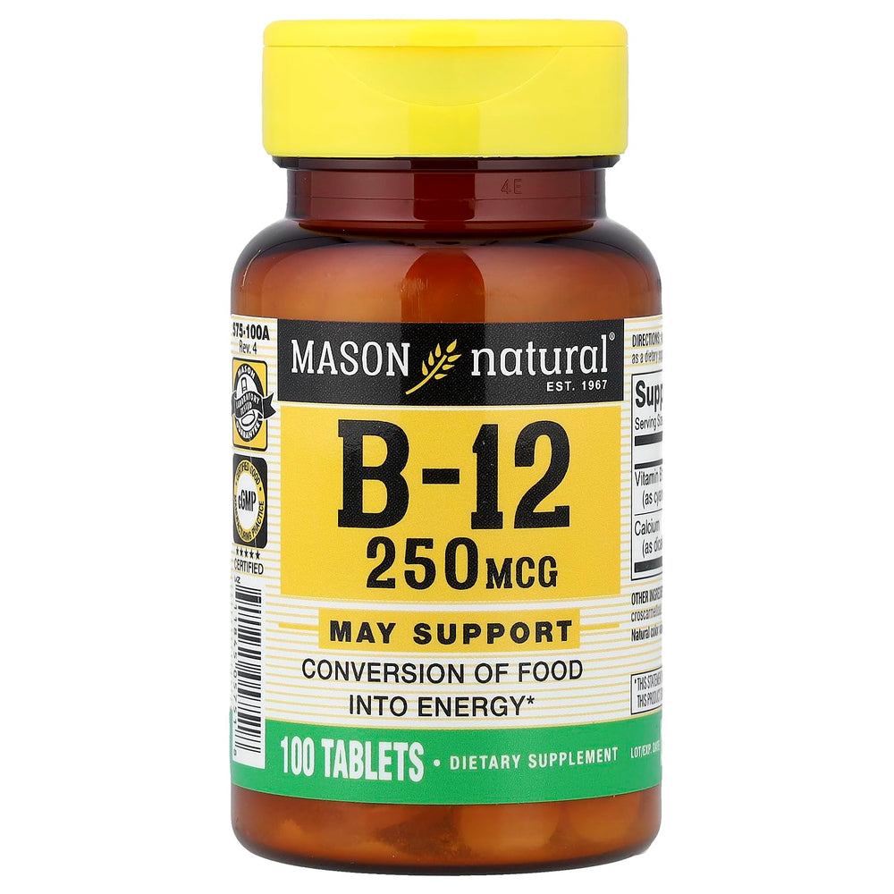 Mason Natural B12 250mcg tablets in bottle, daily energy support.