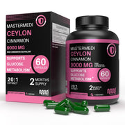 MasterMedi Ceylon Cinnamon 9000mg bottle supports healthy glucose metabolism and heart health with regular use
