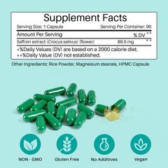 Close-up of Mastermedi saffron capsules showing vegan formula