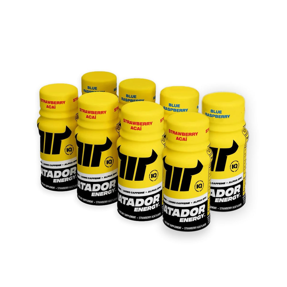 MATADOR Energy Shot sampler 8-pack closeup with sugar-free formula for on-the-go energy