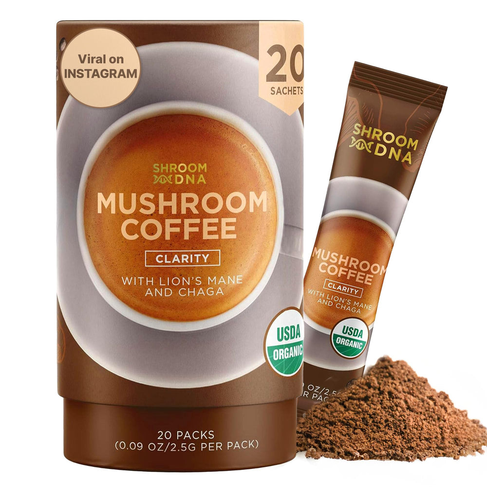 MATCHA DNA ShroomDNA coffee packets for quick, on-the-go focus.