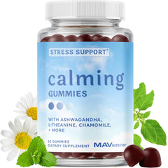 MAV Nutrition Calming Ashwagandha Gummies teen bottle close-up showing raspberry flavor for stress relief.
