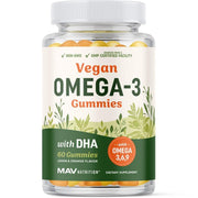 MAV Nutrition Omega 3-6-9 DHA gummies bottle close-up for daily plant-based wellness.