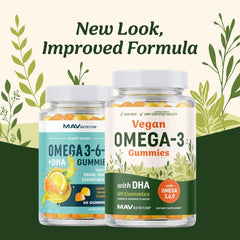 MAV Nutrition Omega 3-6-9 DHA gummies orange flavor close-up on the bottle promoting brain function.