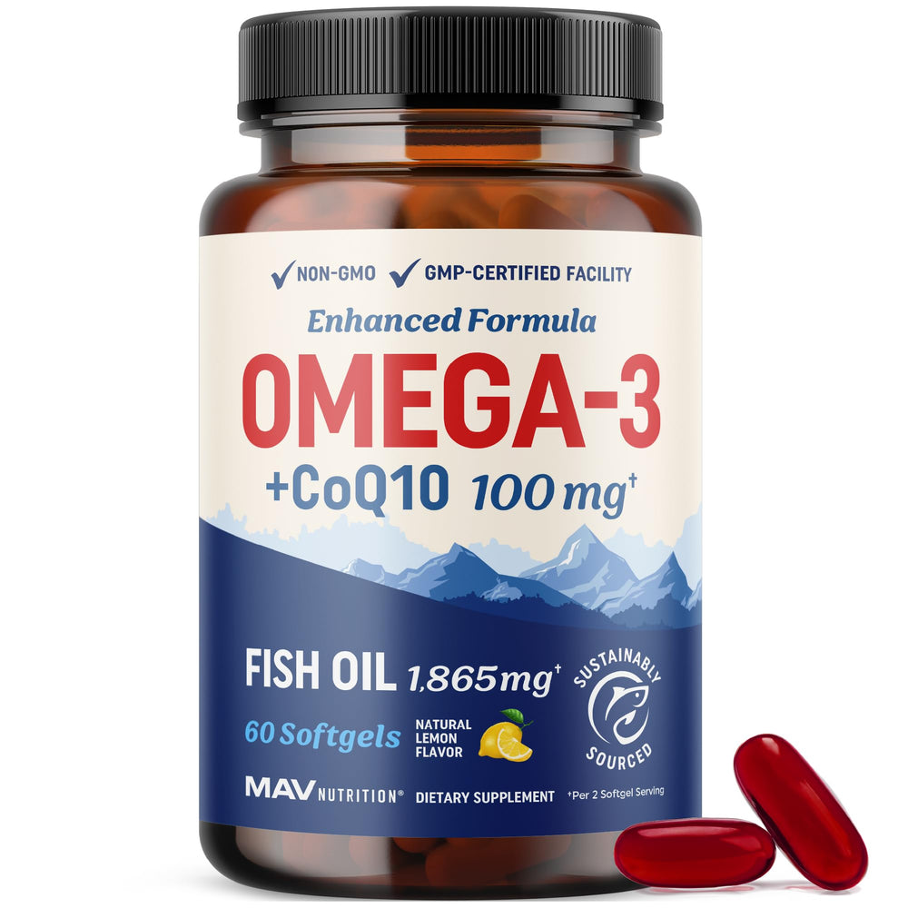 MAV Nutrition Omega3 CoQ10 bottle front for daily heart and energy support
