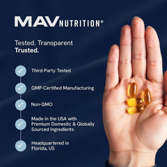 MAV Nutrition Omega-3 D3 bottle close-up highlighting lemon flavor for easy swallowing.