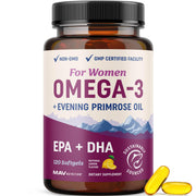 MAV NUTRITION Omega3 women's softgels lemon flavor for daily skin and mood support.