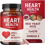 MAV Nutrition red yeast rice with CoQ10 omega-3 capsules bottle for heart health support.