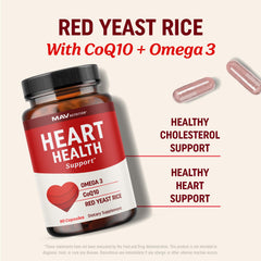 Close-up MAV Nutrition capsules highlighting heart-healthy red yeast rice blend.