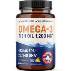 MAV Nutrition Triple Strength Omega-3 bottle highlights daily omega-3 support.