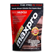 Max Muscle Maxpro Elite bottle front view, chocolate cake flavor, post-workout shake suggestion.