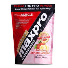 Max Muscle MaxPro Elite tub front label highlighting premium whey blend