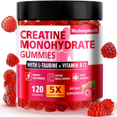 Maxhemphealth Raspberry Creatine Gummies bottle on a gym counter for on the go training support